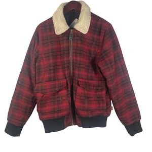 Bellfield Red Plaid Wool Blend Bomber‎ Jacket Sherpa Collar Men's M Britain